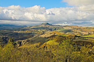Beautiful View of the Hills of Umbria Italy in Winter with an Ancient Town and Fort