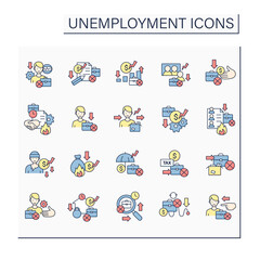 Unemployment color icons set. Unemployment variation. Documentation. Employee rights, protection, benefits. Joblessness concept. Isolated vector illustrations