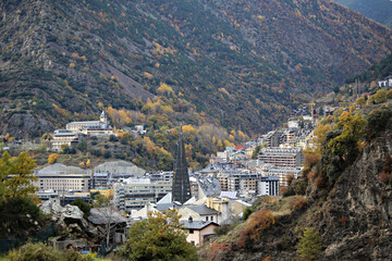 Fototapeta na wymiar Traditional residential houses in the Andorra la Vella town, Pyrenees Mountains