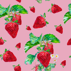 Strawberry. Seamless watercolor food pattern with red berries