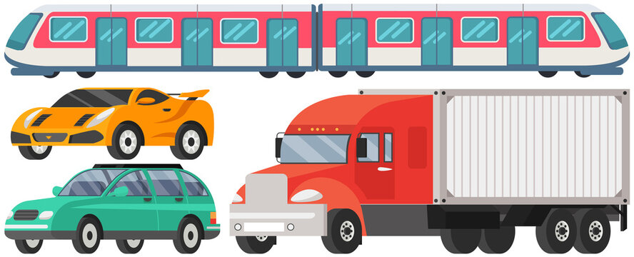 Various types of freight, passenger and public transport. Set of automobiles for different purposes. Sports and passenger car, wagon, train. Ground and underground vehicles vector illustration