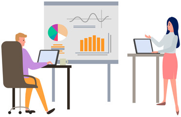 Visualize with business analytics. People work with statistical data analysis, changing indicators. Employees analyze statistical indicators, business data. Characters work with marketing research