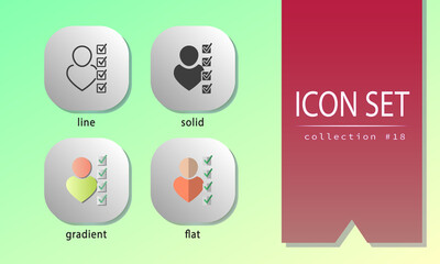 Modern icons in different styles - line, solid, gradient with shadow and flat. Avatar with check list, schedule for e-business, commerce, websites, social network, shopping. User with tick mark symbol