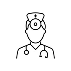 Otolaryngologist Doctor Line Icon. Otolaryngology Medic Staff with Stethoscope, Mirror Linear Pictogram. Ear, Nose, Throat Doctor Outline Icon. Editable Stroke. Isolated Vector Illustration