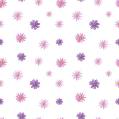Floral seamless pattern watercolor on white background. Violet flowers digital paper.