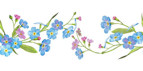 Seamless border of pink and blue forget-me-not flowers and green leaves. Summer meadow wildflowers decor. Watercolor hand painted isolated element on white background.