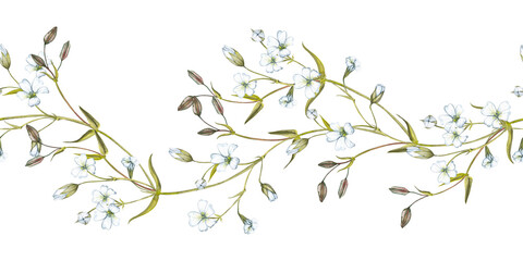Obraz na płótnie Canvas Seamless border of white flowers and green leaves. Summer meadow wildflowers decor. Watercolor hand painted isolated element on white background.