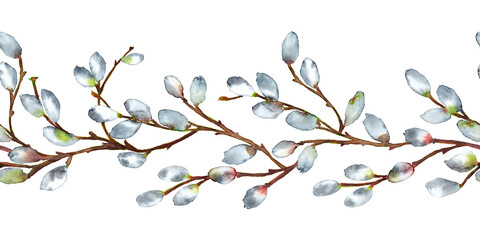 Seamless border of young willow branches with fluffy grey earrings. Spring Easter decoration. Watercolor hand painted isolated element on white background. - obrazy, fototapety, plakaty