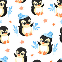 Seamless pattern in cartoon style, children's theme with fun and attractive penguin. Vector illustration