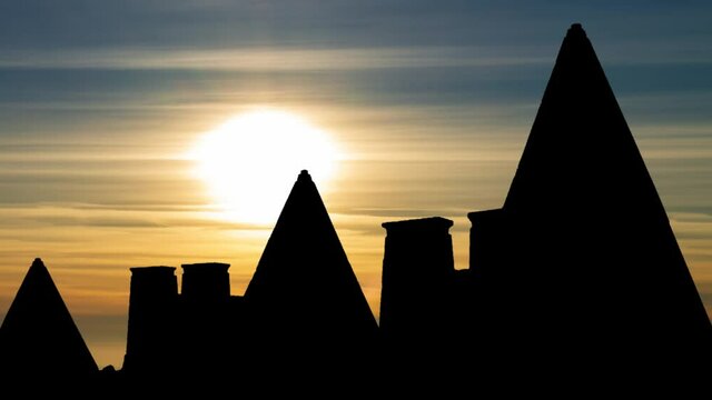 Nubian pyramids in area of the Nile valley known as Nubia, Time Lapse at Sunset, Sudan