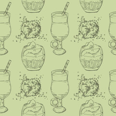 Hand-drawn seamless pattern matcha cocktails and desserts.