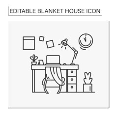 Comfortable workplace line icon.Home workspace. Working room with seat, desktop and computer. Cozy design. Blanket house concept. Isolated vector illustration.Editable stroke