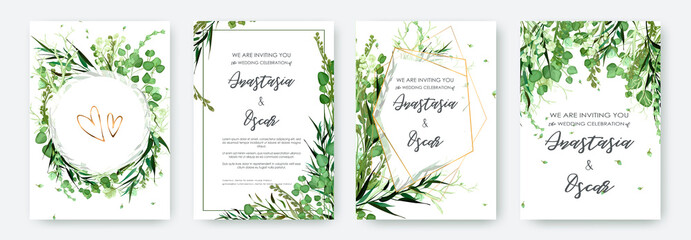 Wedding invitation frame set; flowers, leaves, watercolor, isolated on white. Sketched wreath, floral and herbs garland with green, greenery color. Handdrawn Vector Watercolour style, nature art.  - obrazy, fototapety, plakaty