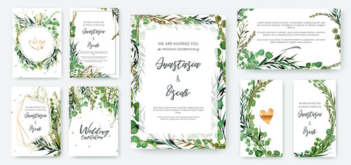 Wedding invitation frame set; flowers, leaves, watercolor, isolated on white. Sketched wreath, floral and herbs garland with green, greenery color. Handdrawn Vector Watercolour style, nature art.  - obrazy, fototapety, plakaty