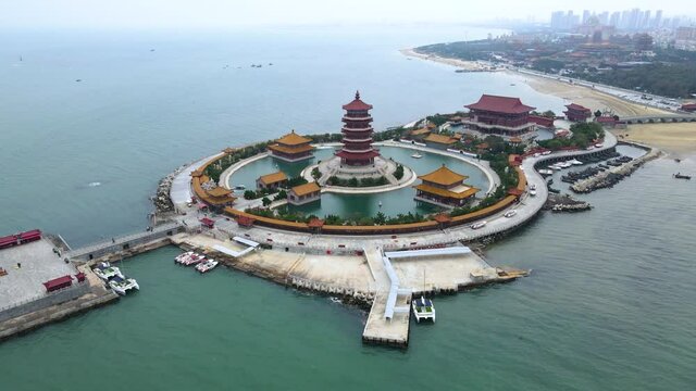 Aerial photography of ancient buildings in Penglai Pavilion on Yantai coastline