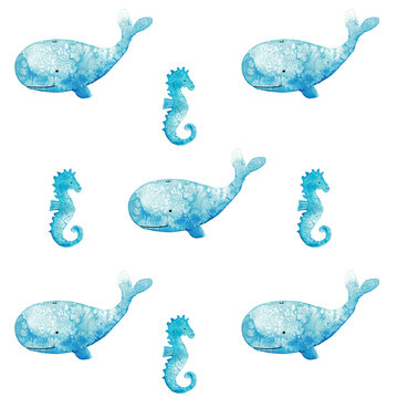 Pattern mit  Walen und Seepferdchen