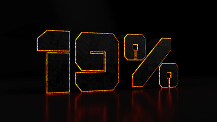 Digital outline of a orange 19% sign on a black background, 3d render illustration.