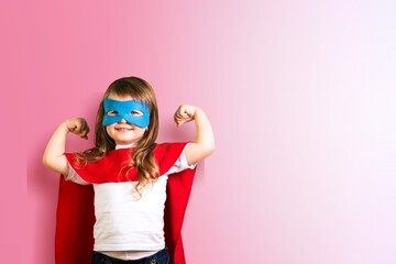 Portrait of little kid. Funny little power superhero kid showing muscles.