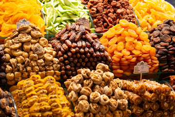 Egyptian bazaar with lots of spices, dry fruits and  tea, Istanbul, Turkey