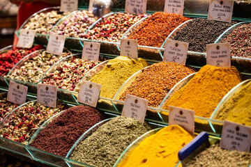 Egyptian bazaar with lots of spices, dry fruits and  tea, Istanbul, Turkey