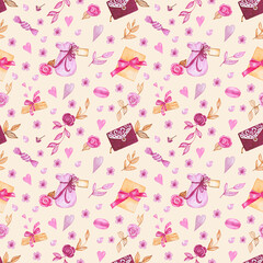 Watercolor seamless happy valentine pattern with letter,gift,bucket,macaroon,cookies,sweet candy,roses,hearts and leaves isolated on beige background.For valentine's day,wrapping,package design.