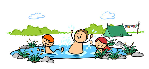 Gruppe Kinder beim Baden im See am Campingplatz