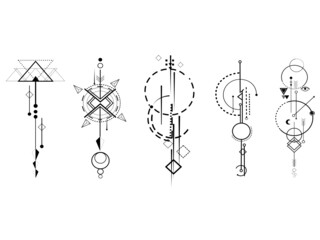 Vector set of Sacred symbols arrows, moon and eye on black grunge background. Gold abstract mystic signs collection drawn in lines. For you design and magic craft. a minimalist geometric design