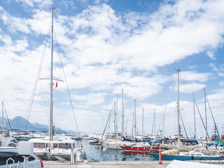 Yachts are moored at the Grand Marina, Kemer, Turkey. Beautiful ships for tourist trips on the Mediterranean sea.