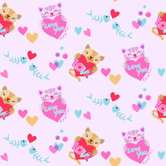 Valentin's Day Seamless Pattern with heart shape and cute cat.