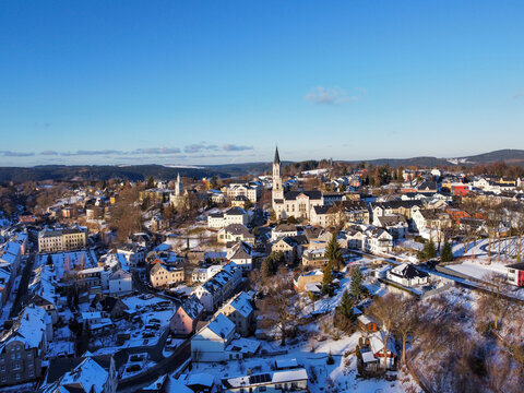 The mountain town of Eibenstock from the air in winter