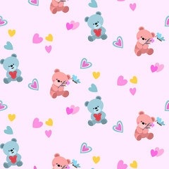 Valentin's Day Seamless Pattern with cute bear and heart shape.