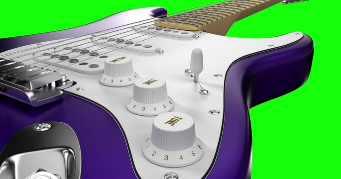 Beautiful Shiny Purple Electric Guitar Flying Slowly. Macro Shot With Alpha And Luma Channel. Art And Entertainment Related 4K 3D Motion Graphics.
