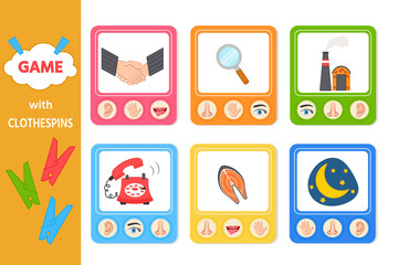 Educational game for children with clothespins. Five senses matching game for kids. Sight, touch, hearing, smell and taste. Vector illustration. Printing sheet for games
