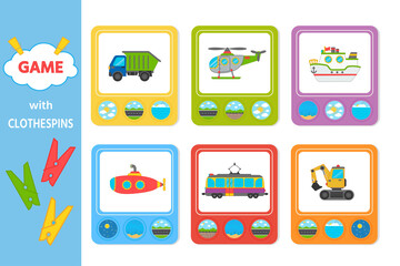 Educational game for kids with clothespins. Match the transport going, floating, flying. Vector illustration. Activity for pre sсhool years kids and toddlers