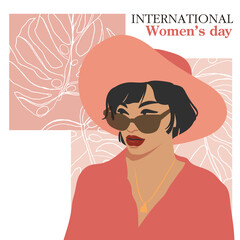 International Women's Day greeting card. Abstract beautiful woman portrait with one-line flowers and leaves. Women empowerment. Vector illustration.