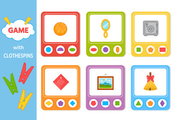 Educational game for kids with clothespins. Match of geometric shapes. Vector illustration. Activity for presсhool years kids and toddlers. Printable worksheet