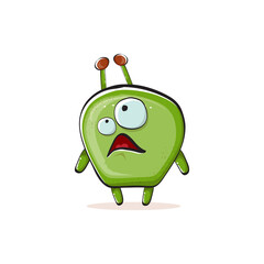 Vector cartoon funny green alien monster isolated on white background. Smiling silly green monster print sticker design template. Cute Ghost, troll, gremlin, goblin, devil and monster