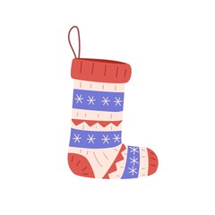 Cute winter sock for Christmas holiday. Wool knitted stocking with festive pattern, ornament. Warm woolen Xmas foot clothes with loop. Flat vector illustration isolated on white background