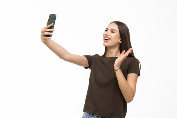 Happy young woman blogger influencer holding modern smart phone wave hand hello.