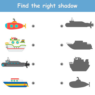 Educational Puzzle Game for kids. Find correct shadow. Vector illustration. Cars. Activity for presсhool years kids and toddlers. Printable worksheet