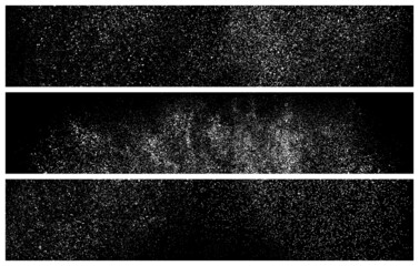 Set Of White Grainy Texture On Black. Panoramic Background. Wide Horizontal Long Banner For Site. Dust Overlay. Light Coloured Noise Granules. Snow Vector Elements. Illustration, EPS 10.