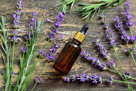Lavender essential oil in a bottle with fresh lavender flowers on  old wooden background top view closeup.