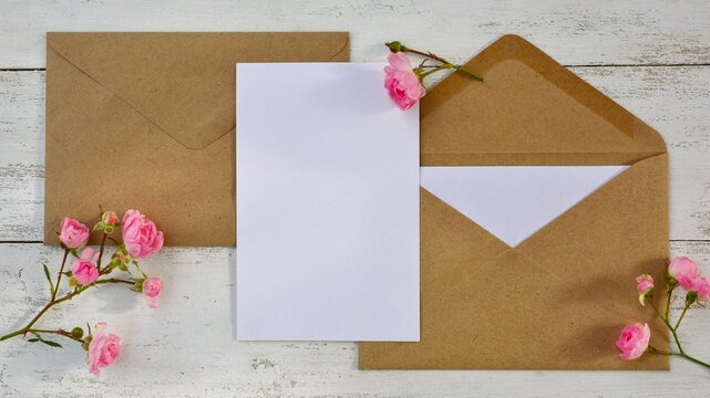 Mockup of craft paper envelope with small delicate roses and blank white card on white wooden background close-up. Happy Birthday, Valentine's day, wedding, Mother's Day greeting invitation card.