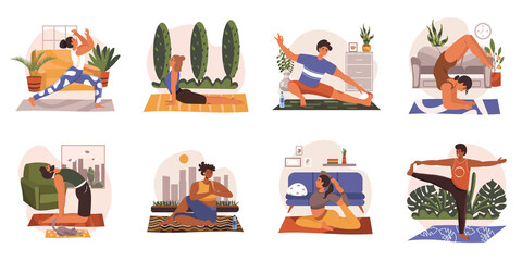 Yoga class or exercising at home web concept in flat design. Men and women practicing asanas, doing workout, training stretching skill. Healthy lifestyle modern people scene. Vector illustration.