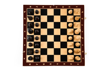 Vintage chess board with checkers, pawns, knights, rooks, bishops, queen and king, black and white colors. Chess board game for ideas and competition and strategy, business success concept.