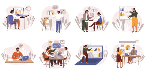 Business process web concept in flat design. Men and women generate ideas, analyzing of financial data, develop strategy, teamwork, attraction of investments, modern people scene. Vector illustration.