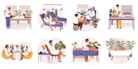 Spa salon web concept in flat design. Clients resting and receive massage, facial masks, body and face skin care, aromatherapy procedure and drinking tea, modern people scene. Vector illustration.
