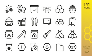 Beekeeping and Honey products isolated icons set. Set of bee hive, apiary, apiculture, beekeeper, honey jar, swarm of bees, pollen, perga, bee bread, bee queen, royal jelly, apiculture vector icon.