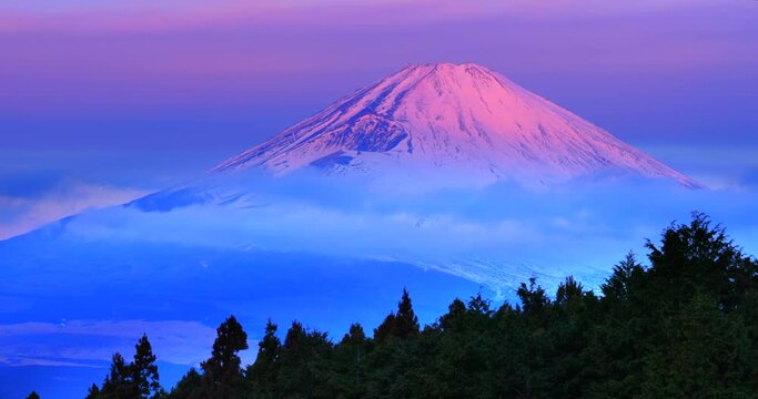 雪を被った朝焼けの富士山