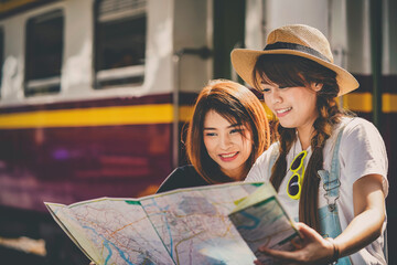 asian woman traveler tourists travel city street, journey backpack adventure outdoor by train